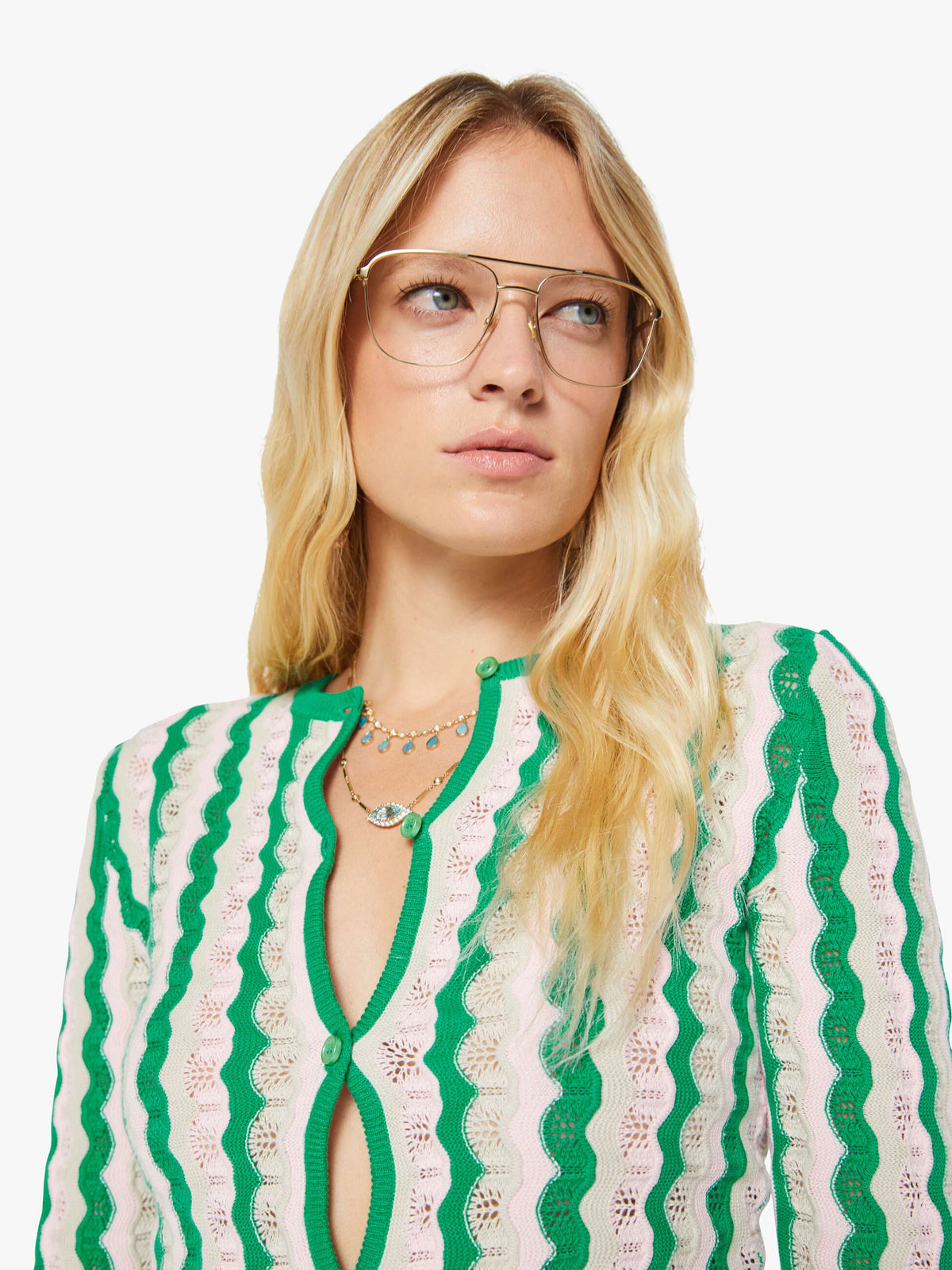 Mother Denim THE CREW NECK CARDIGAN POI GREEN PINK COMBO Pointelle