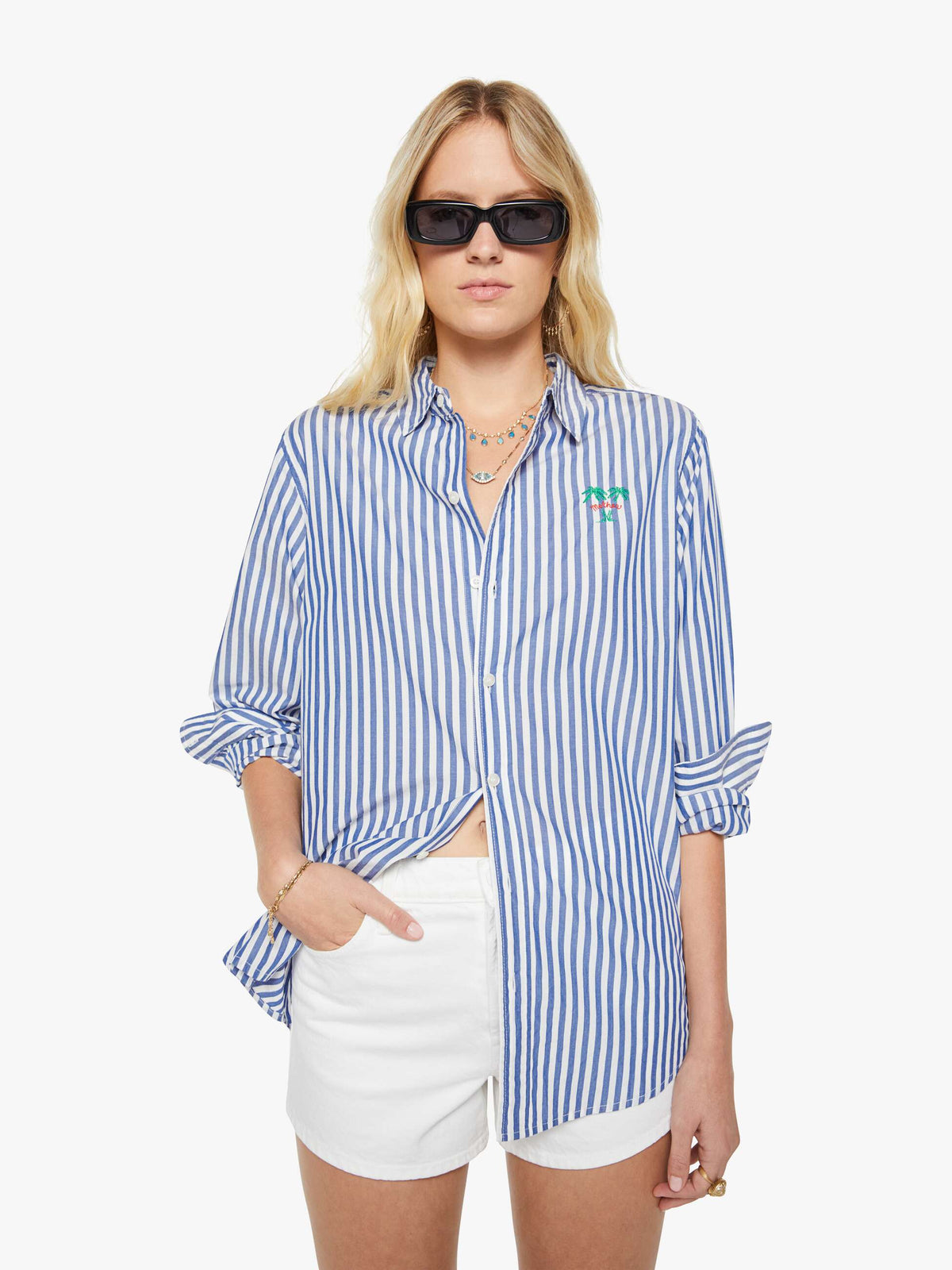Mother Denim The Bestie White And Blue Stripe
