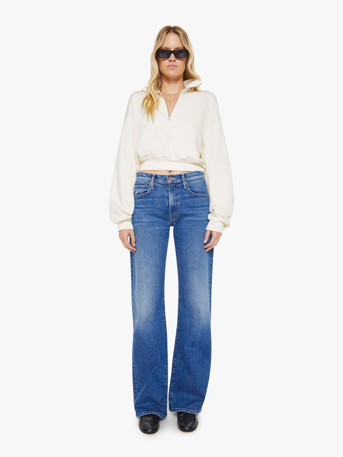 Mother Denim Eterne Cropped Half-Zip Sweatshirt White (Open)